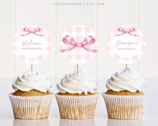 Editable Pink Gingham Cake Toppers, Pink Bow Baby Shower Cupcake Toppers, Baby Shower Cake Topper, Cake Topper Decorations PGHBS001