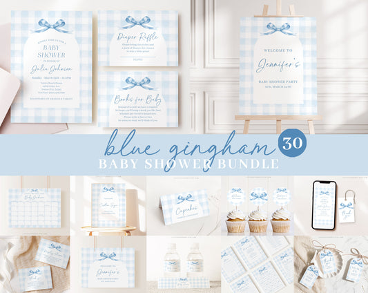 Editable Blue Gingham Baby Shower Invitation Bundle, Baby Blue Boy Bundle Set with Games Bundle and Blue Bow Shower Decorations BGHBS001