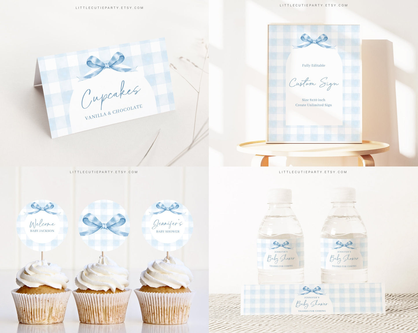 Editable Blue Gingham Baby Shower Invitation Bundle, Baby Blue Boy Bundle Set with Games Bundle and Blue Bow Shower Decorations BGHBS001