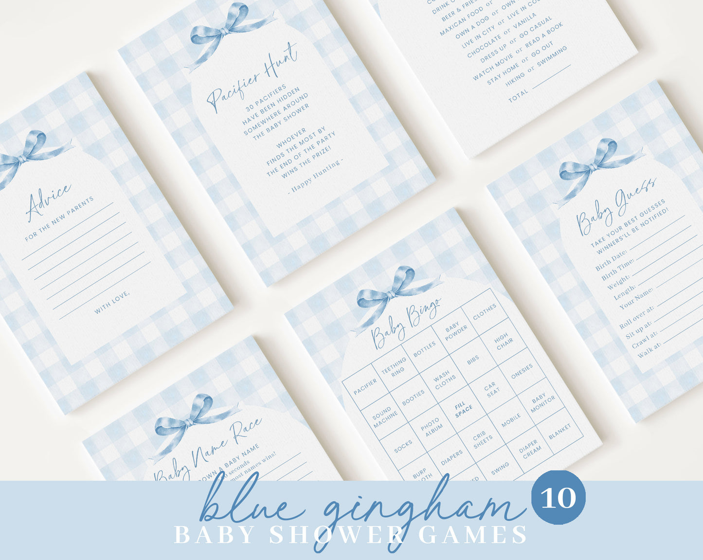 Editable Blue Gingham Baby Shower Invitation Bundle, Baby Blue Boy Bundle Set with Games Bundle and Blue Bow Shower Decorations BGHBS001