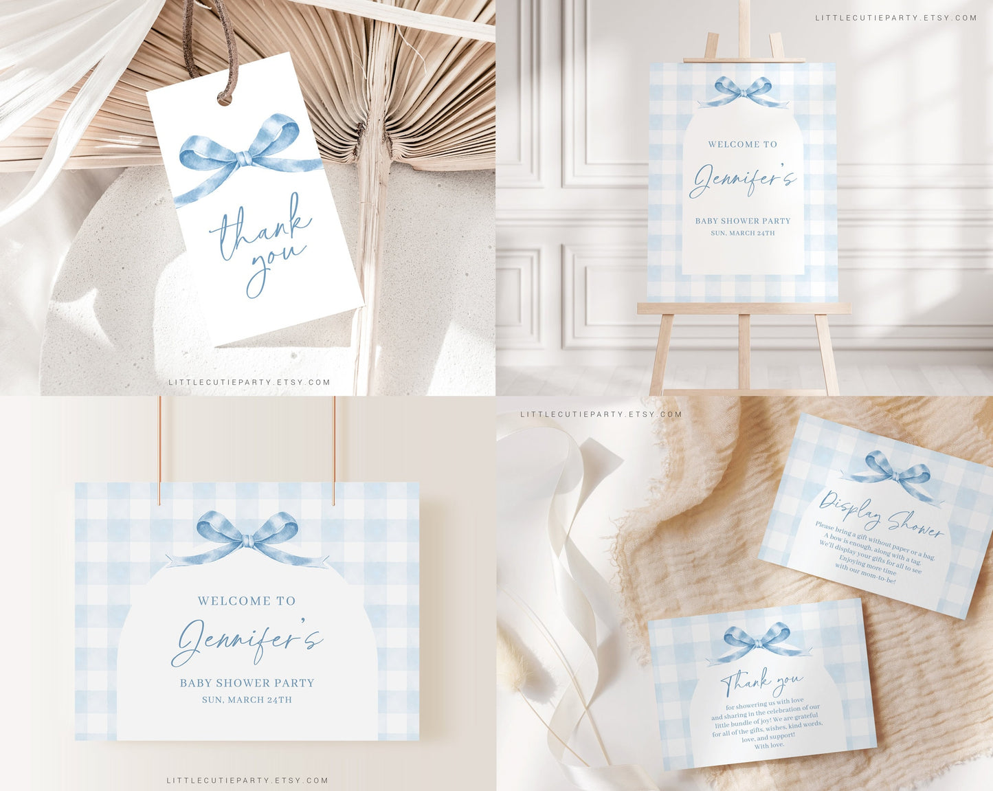 Editable Blue Gingham Baby Shower Invitation Bundle, Baby Blue Boy Bundle Set with Games Bundle and Blue Bow Shower Decorations BGHBS001
