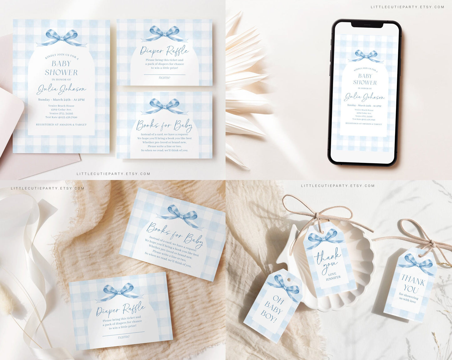 Editable Blue Gingham Baby Shower Invitation Bundle, Baby Blue Boy Bundle Set with Games Bundle and Blue Bow Shower Decorations BGHBS001