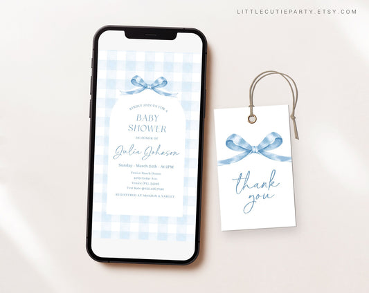 Editable Blue Gingham Baby Shower Invite, Blue Bow Baby Shower Invitations, Baby Shower Digital Invitation Evite for Baby Blue Boy BGHBS001