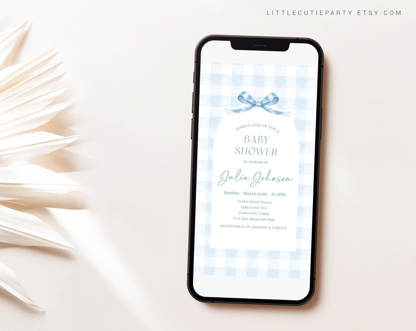Editable Blue Gingham Baby Shower Invite, Blue Bow Baby Shower Invitations, Baby Shower Digital Invitation Evite for Baby Blue Boy BGHBS001