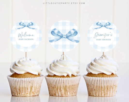 Editable Blue Gingham Cake Toppers, Blue Bow Baby Shower Cupcake Toppers, Baby Shower Cake Topper, Cake Topper Decorations BGHBS001