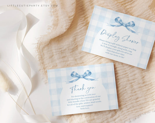 Editable Blue Gingham Baby Shower Thank you Card, Baby Shower Display Card for Blue Bow Baby Shower Decor BGHBS001