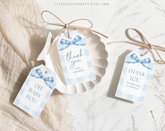 Editable Blue Gingham Baby Shower Favor, Thank You Favor Tag, Thank you Tags, Gift Tag for Blue Bow Baby Shower Decorations BGHBS001