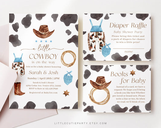 Editable Cowboy Baby Shower Invitation, A Little Cowboy is On the Way Baby Shower Invites, Diaper Raffle, Books for Baby and Tag CWBBS001