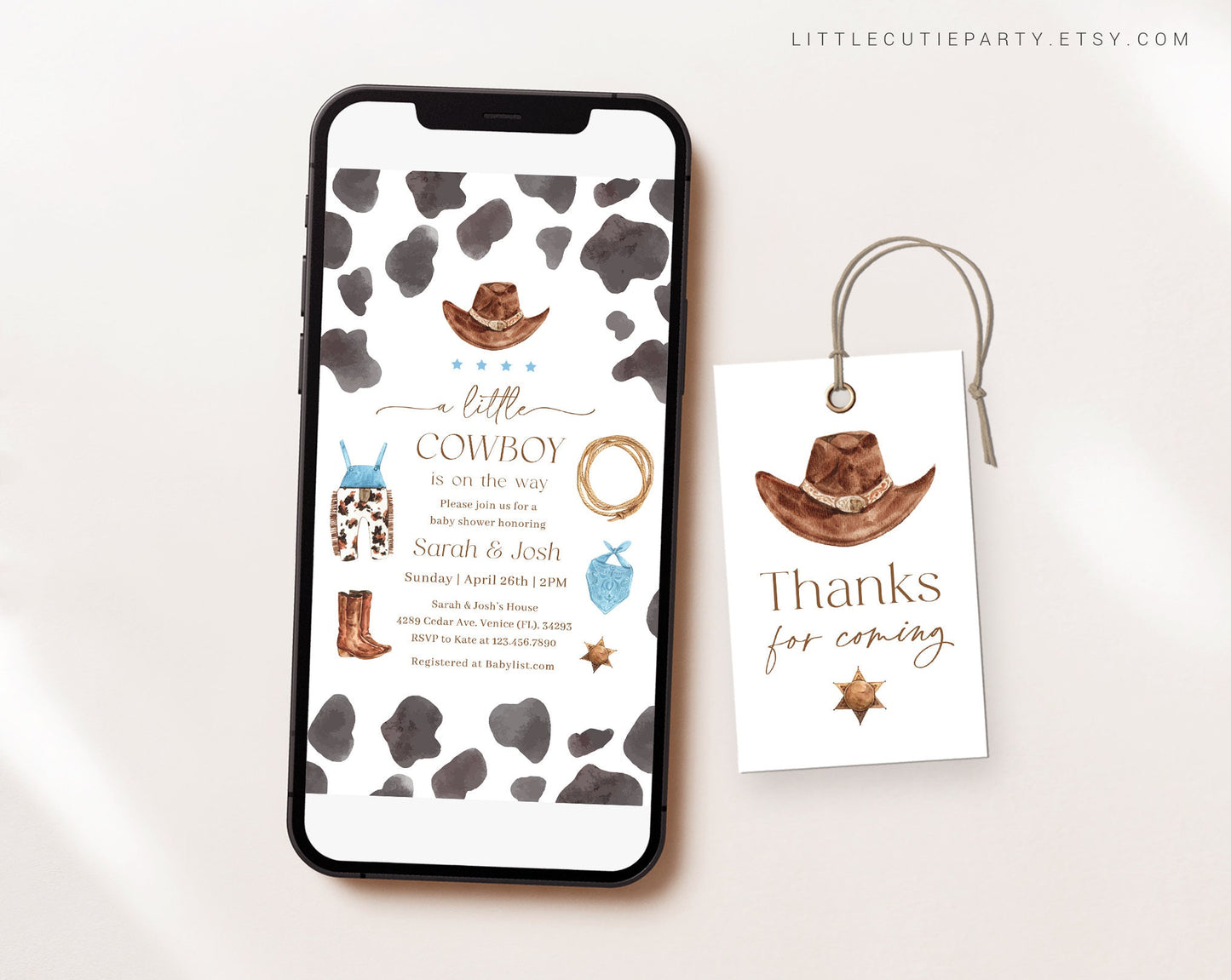 Editable Cowboy Shower Invite, A Little Cowboy E Invite Baby Shower, Wild West Baby Shower Electronic Invite, Gender Neutral Party CWBBS001