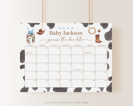 Editable Cowboy Baby Shower Calendar, Cowboy Due Date Calendar, Baby Shower Due Date Calendar Games for Shower CWBBS001