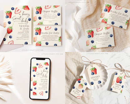 Editable Berry Sweet Baby Shower Invitation Bundle, Berry Baby Shower Bundle, Games Bundle, Blueberry and Strawberry Shower Decor BRSBS001