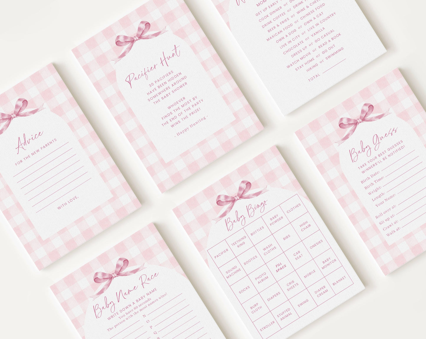 10 Editable Pink Gingham Baby Shower Games, Baby Girl Shower Games Bundle, Pink Bow Baby Game Bundle Set Neutral Baby Shower Games PGHBS001