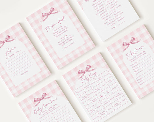 10 Editable Pink Gingham Baby Shower Games, Baby Girl Shower Games Bundle, Pink Bow Baby Game Bundle Set Neutral Baby Shower Games PGHBS001
