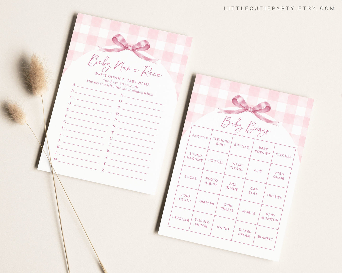 10 Editable Pink Gingham Baby Shower Games, Baby Girl Shower Games Bundle, Pink Bow Baby Game Bundle Set Neutral Baby Shower Games PGHBS001