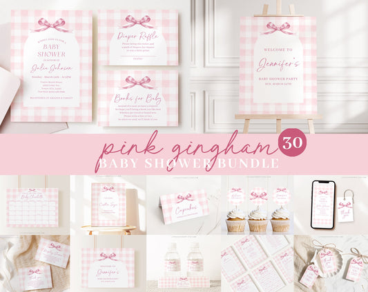 Editable Pink Bow Baby Shower Invitation Bundle, Pink Gingham Baby Shower Bundle Set with Baby Game Bundle and Shower Decorations PGHBS001