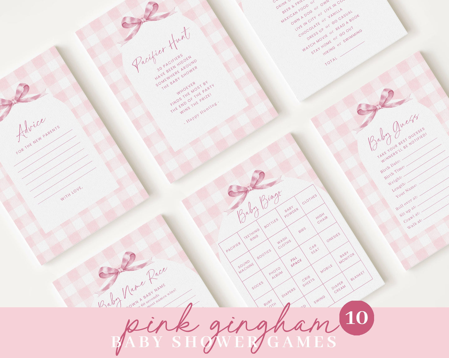 Editable Pink Bow Baby Shower Invitation Bundle, Pink Gingham Baby Shower Bundle Set with Baby Game Bundle and Shower Decorations PGHBS001