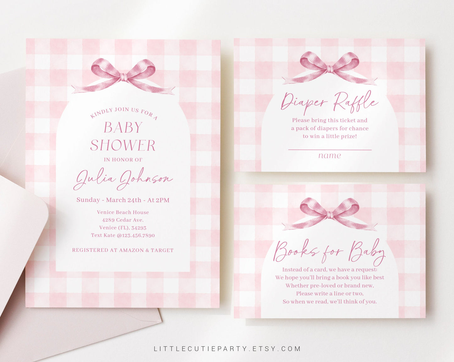 Editable Pink Gingham Baby Shower Invitation, Pink Bow Shower Invite, Its a Girl Shower with Diaper Raffle, Books for Baby and Tag PGHBS001