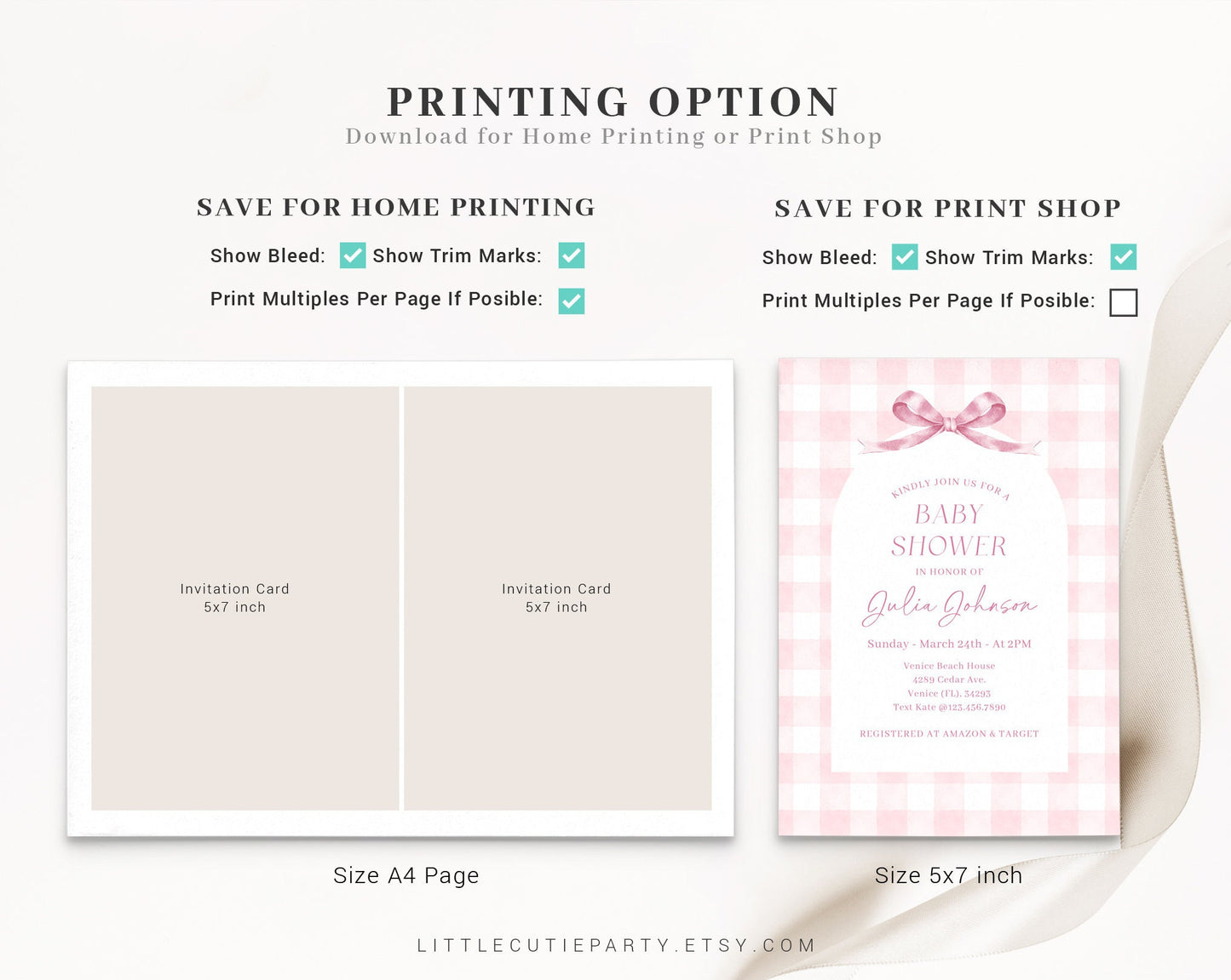 Editable Pink Gingham Baby Shower Invitation, Pink Bow Shower Invite, Its a Girl Shower with Diaper Raffle, Books for Baby and Tag PGHBS001