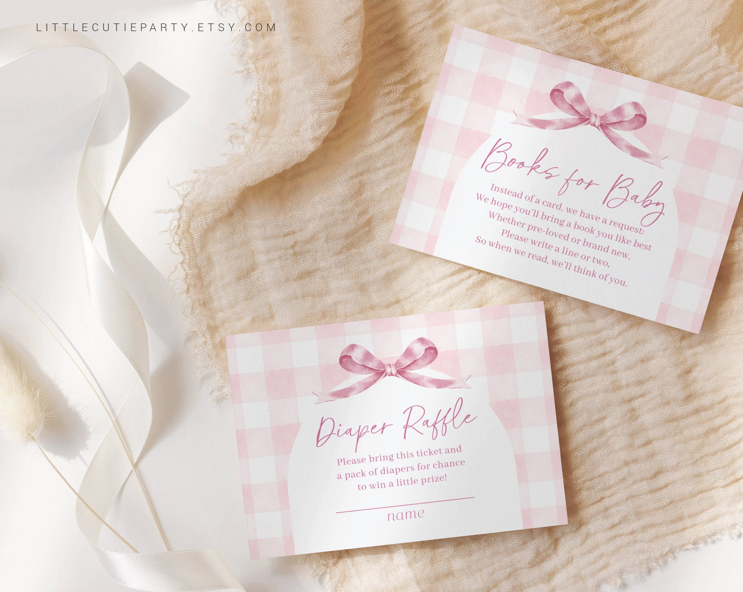 Editable Pink Gingham Baby Shower Invitation, Pink Bow Shower Invite, Its a Girl Shower with Diaper Raffle, Books for Baby and Tag PGHBS001