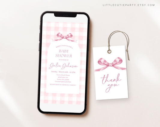 Editable Pink Gingham Baby Shower Invite, Pink Bow Baby Shower Invitations, Baby Shower Digital Invitation Evite for Baby Girls PGHBS001