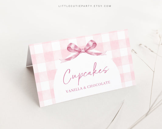 Editable Pink Gingham Baby Shower Food Labels, Food Tent cards, Folded Food Cards for Pink Bow Baby Shower Decorations Theme PGHBS001