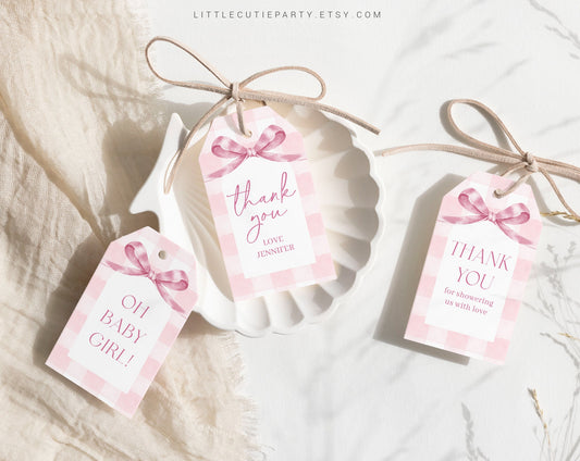 Editable Pink Gingham Baby Shower Favor, Thank You Favor Tag, Thank you Tags, Gift Tag for Pink Bow Baby Shower Decorations PGHBS001