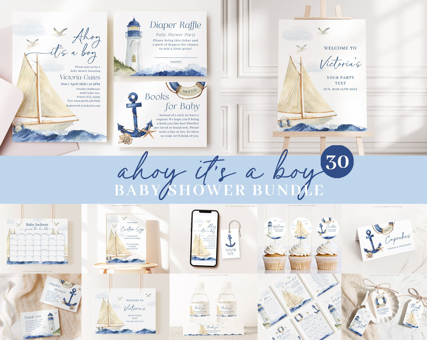 Editable Ahoy Its a Boy Baby Shower Invitation Bundle, Nautical Baby Shower Invite, Games Bundle, Ahoy Its a Boy Baby Shower Decor AHBBS001