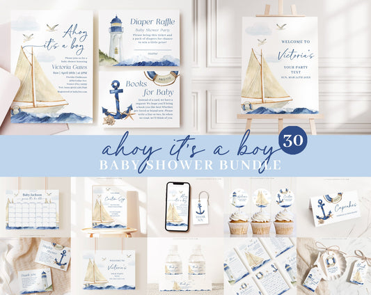 Editable Ahoy Its a Boy Baby Shower Invitation Bundle, Nautical Baby Shower Invite, Games Bundle, Ahoy Its a Boy Baby Shower Decor AHBBS001