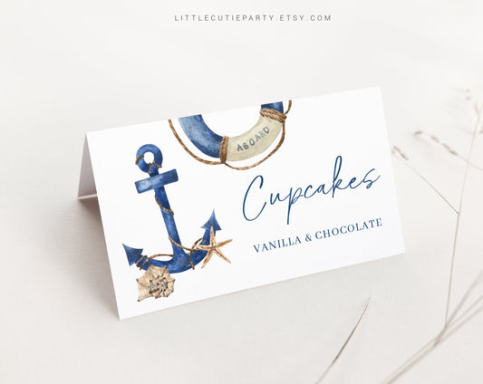 Editable Ahoy Its a Boy Baby Shower Food Labels, Food Tent cards, Folded Food Cards for Nautical Baby Shower Decorations Theme AHBBS001