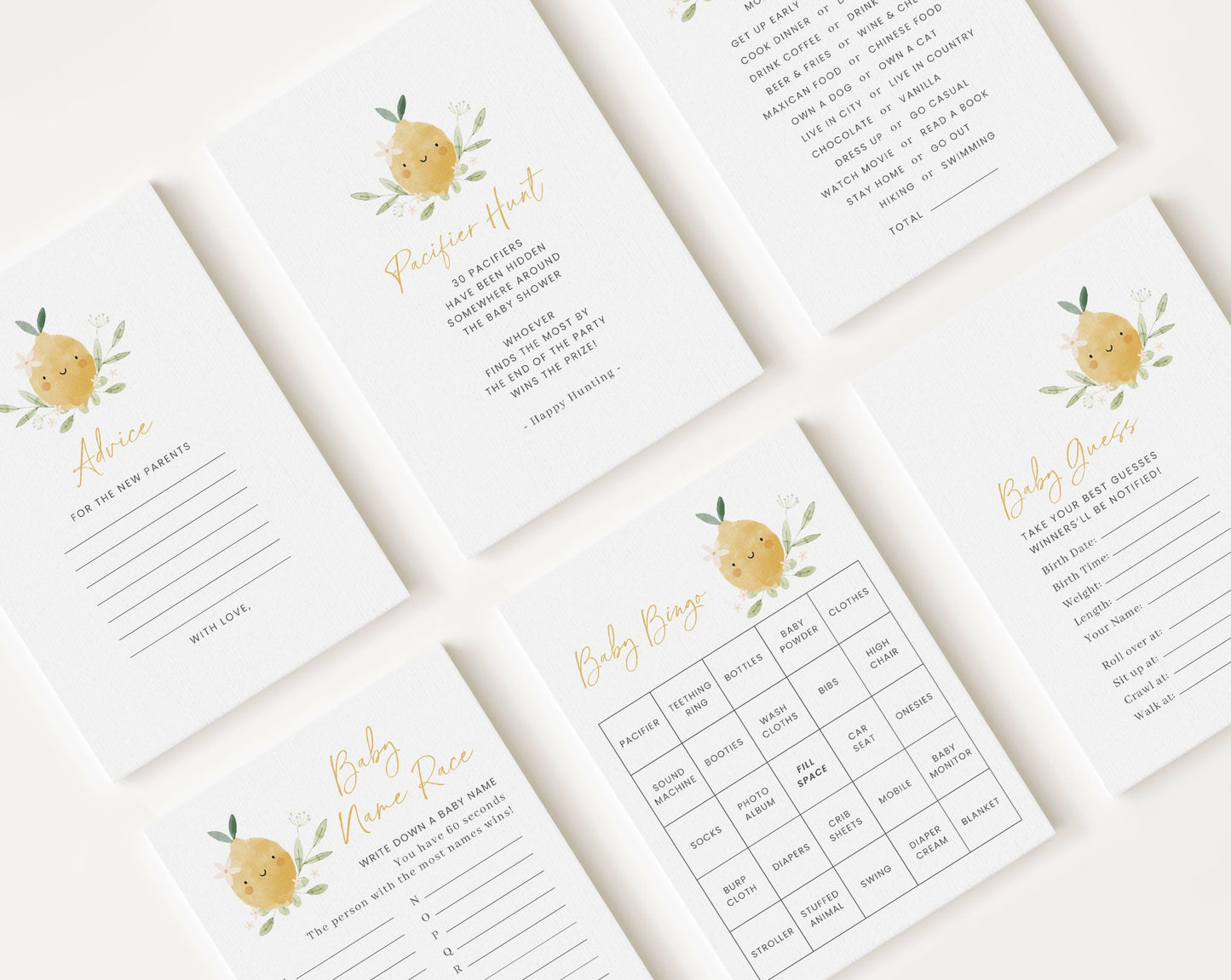 10 Editable Lemon Baby Shower Games, Lemon Gender Neutral Baby Shower Games Bundle, Lemon Theme Baby Shower Party Games LMNBS002