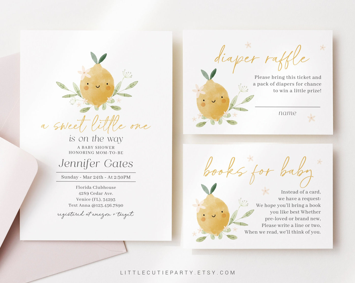 Editable Lemon Baby Shower Invitation, Lemon Baby Shower Invite Set, Lemon Template with Diaper Raffle, Books for Baby and Gift Tag LMNBS002