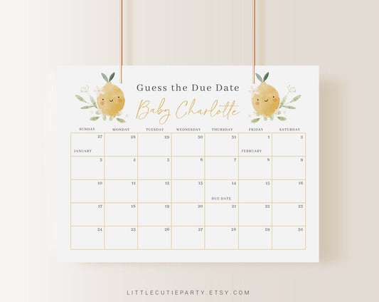Editable Lemon Baby Shower Calendar, Lemon Due Date Calendar, Baby Shower Due Date Calendar Games for Shower LMNBS002