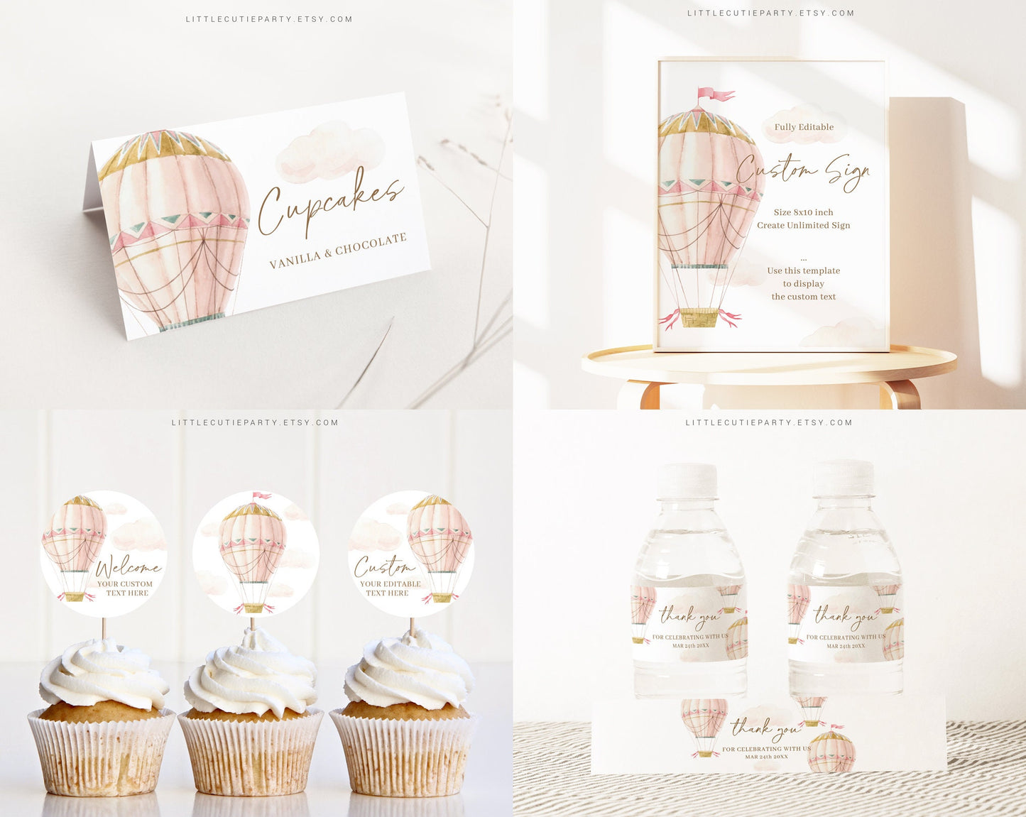 Editable Pink Hot Air Balloon Baby Shower Invitation Bundle, Oh Baby Girl Baby Shower, Games Bundle, Pink Hot Air Balloon Decor PHBBS001