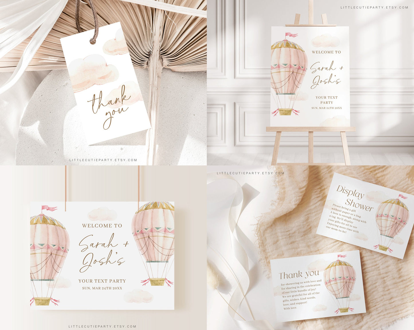 Editable Pink Hot Air Balloon Baby Shower Invitation Bundle, Oh Baby Girl Baby Shower, Games Bundle, Pink Hot Air Balloon Decor PHBBS001