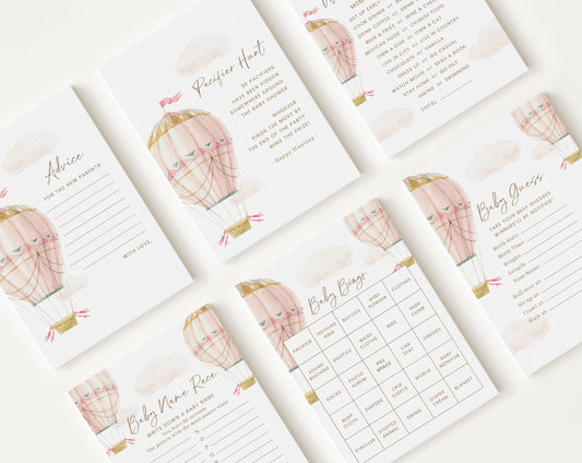 10 Editable Pink Hot Air Balloon Baby Shower Games, Pink Baby Shower Games Bundle, Baby Girl Baby Shower Activity PHBBS001