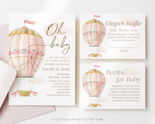 Editable Pink Hot Air Balloon Baby Shower Invitation, Oh Baby Girl Baby Shower Invite with Diaper Raffle, Books for Baby, Gift Tag PHBBS001