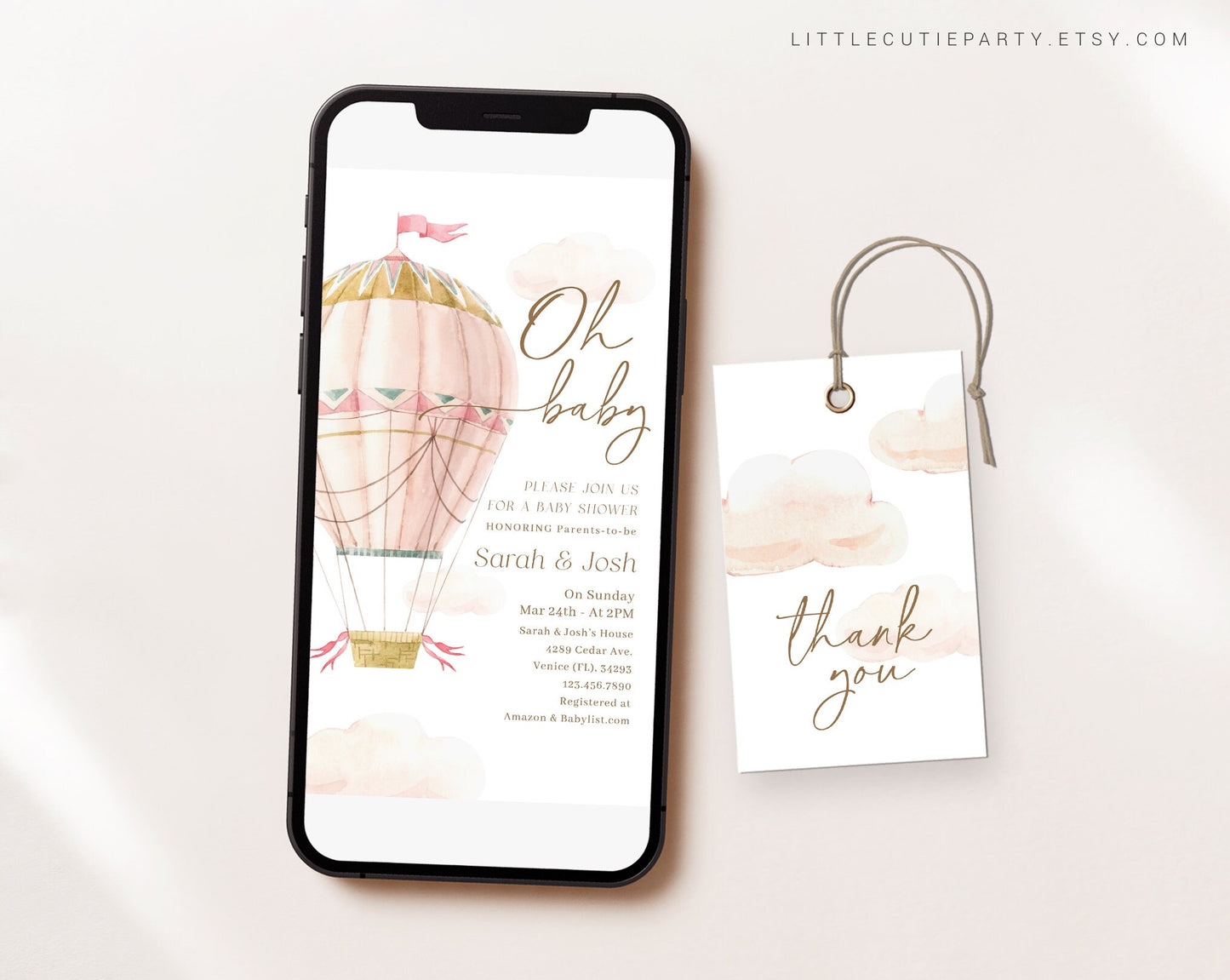 Editable Pink Hot Air Balloon Baby Shower Invite, Oh Baby Girl Shower Invite, Electronic Invite for Gender Neutral Shower Party PHBBS001
