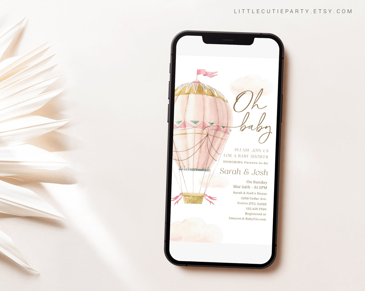 Editable Pink Hot Air Balloon Baby Shower Invite, Oh Baby Girl Shower Invite, Electronic Invite for Gender Neutral Shower Party PHBBS001