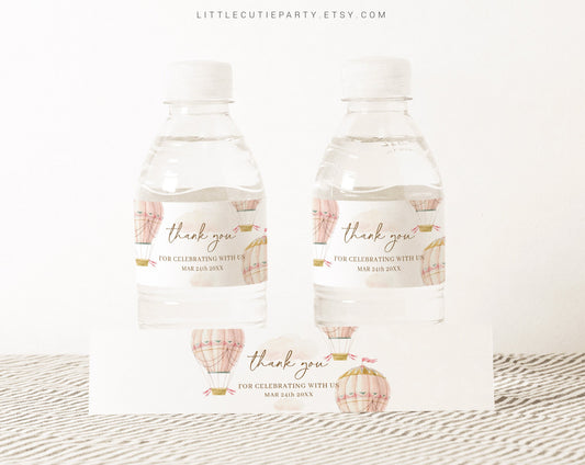 Editable Pink Hot Air Balloon Water Bottle Labels, Bottle Label for Baby Girl Baby Shower Decorations PHBBS001