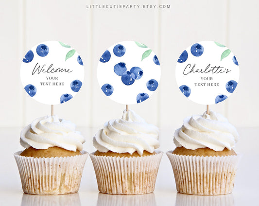 Editable Blueberry Baby Shower Cupcake Toppers, Blueberry Cake Topper for Party Decorations BLUEBS001, BLUEBD001