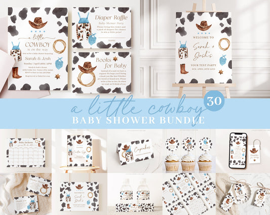 Editable Cowboy Baby Shower Invitation, A Little Cowboy is On the Way Baby Shower, with Games Bundle and Wild West Baby Decorations CWBBS001