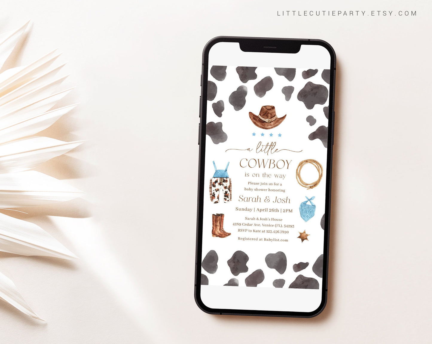 Editable Cowboy Shower Invite, A Little Cowboy E Invite Baby Shower, Wild West Baby Shower Electronic Invite, Gender Neutral Party CWBBS001