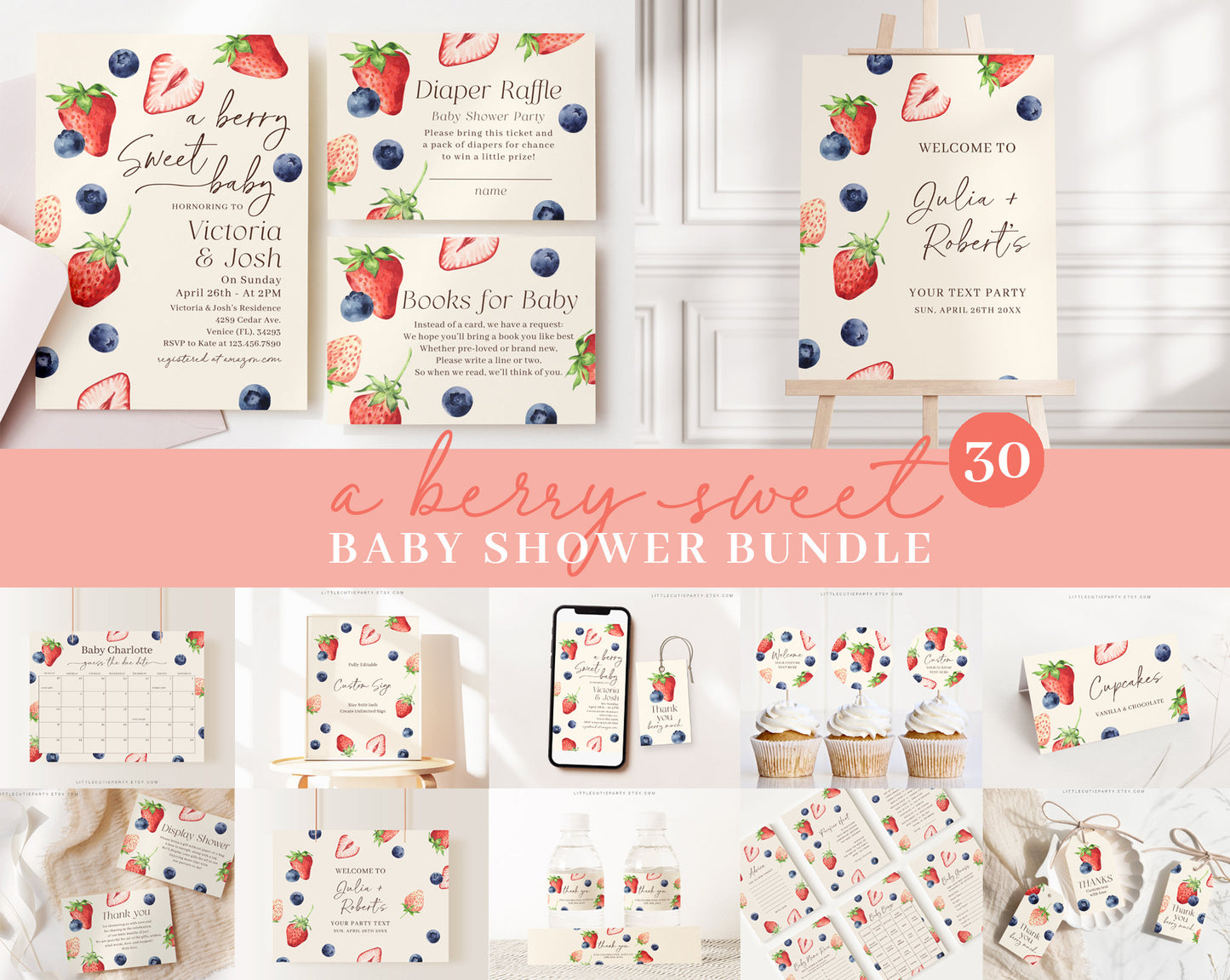 Editable Berry Sweet Baby Shower Invitation Bundle, Berry Baby Shower Bundle, Games Bundle, Blueberry and Strawberry Shower Decor BRSBS001