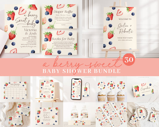 Editable Berry Sweet Baby Shower Invitation Bundle, Berry Baby Shower Bundle, Games Bundle, Blueberry and Strawberry Shower Decor BRSBS001