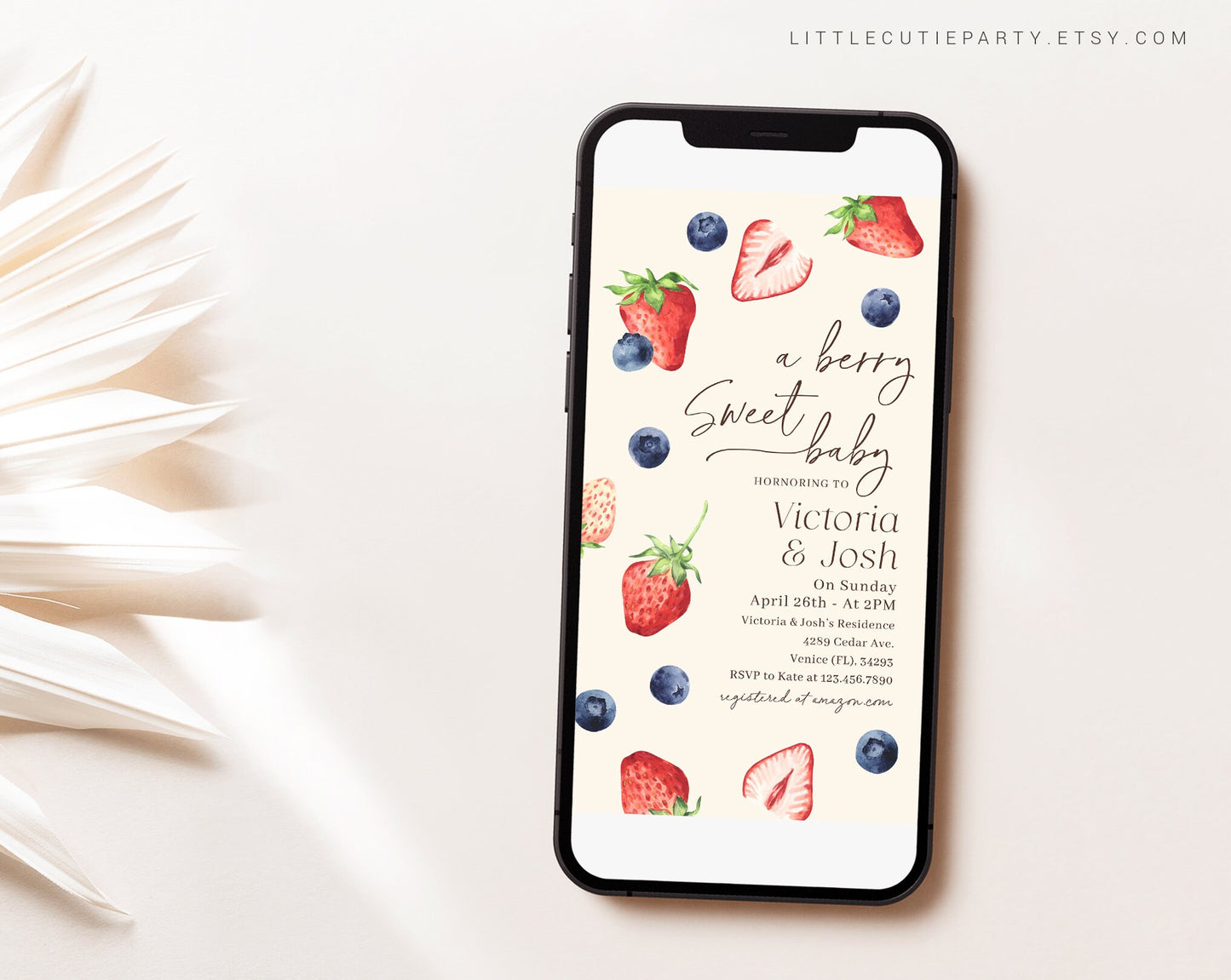 Editable Berry Sweet Baby Shower Invite, Berry Baby Shower E Invite Baby Shower, Electronic Invite for Gender Neutral Shower Party BRSBS001