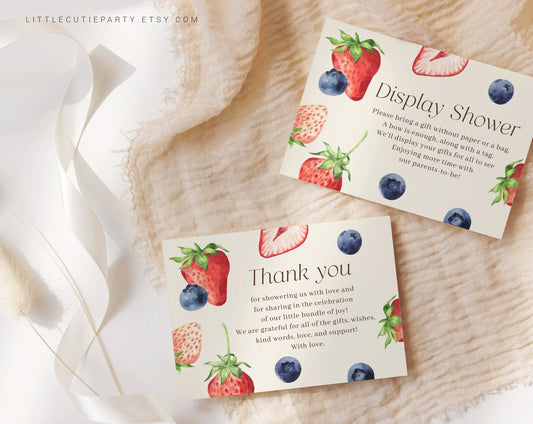 Editable Berry Sweet Baby Shower Thank you Card, Baby Shower Display Card for Blueberry and Strawberry Baby Shower Decorations BRSBS001