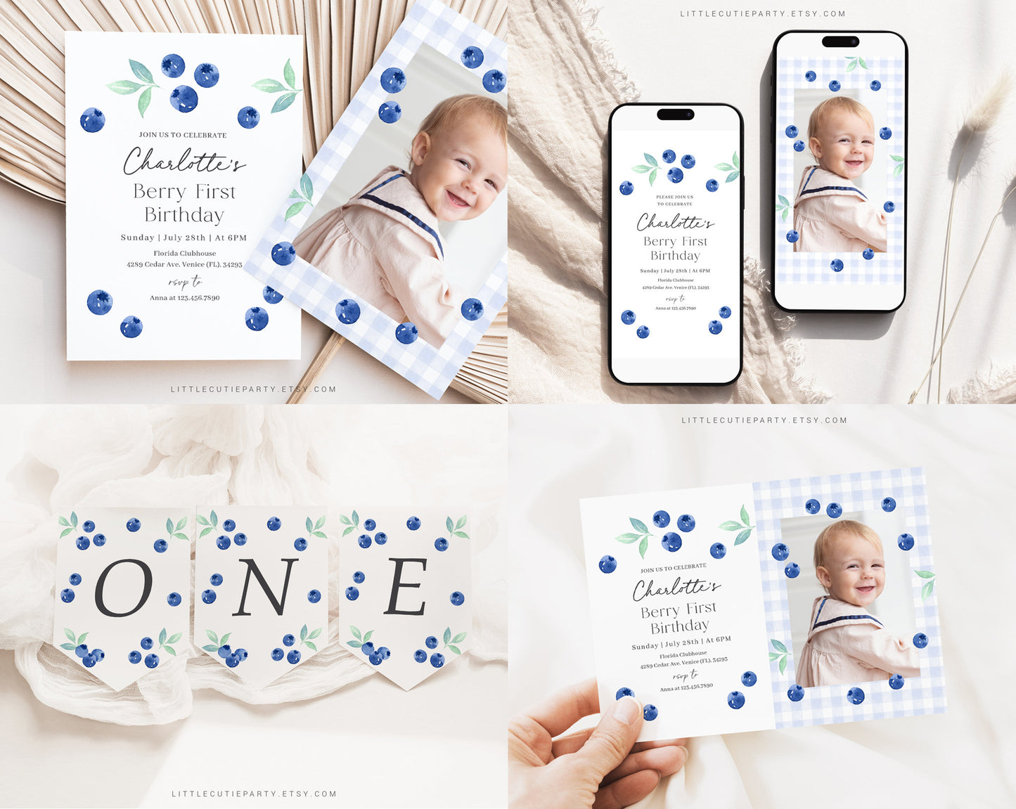 Editable Blueberry Birthday Invitation Bundle, Berry First Birthday Invitation, Berry 1st Birthday Bundle,Blueberry Birthday Decor BLUEBD001