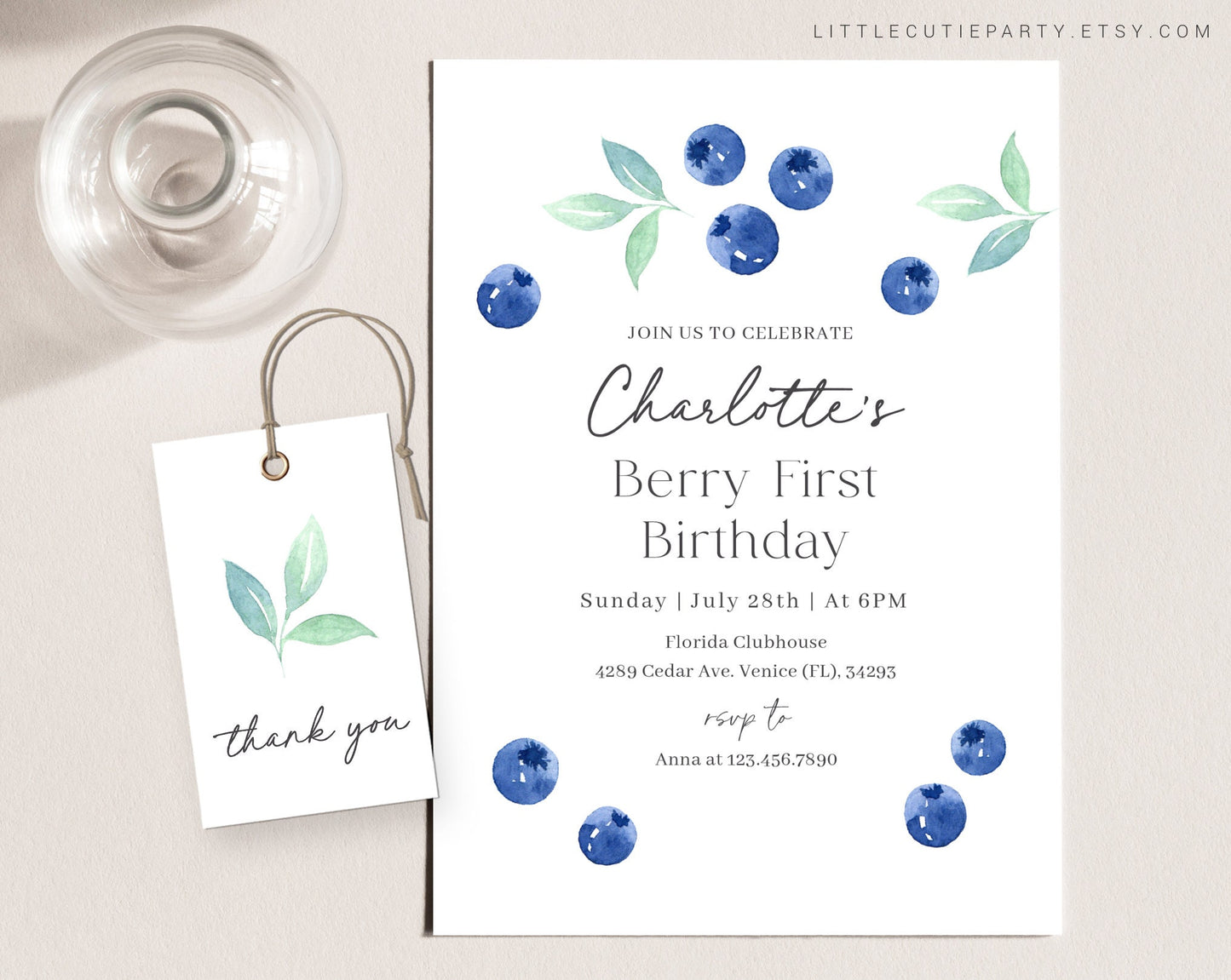 Editable Blueberry First Birthday Invitation with Picture, Berry First Birthday Invitation, Blueberry Invitation with Favor Tag BLUEBD001