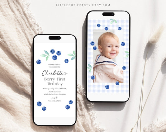 Editable Blueberry Birthday Invite, Berry First Birthday Evite Template with Picture, Berry First Digital Invitation with Gift Tag BLUEBD001