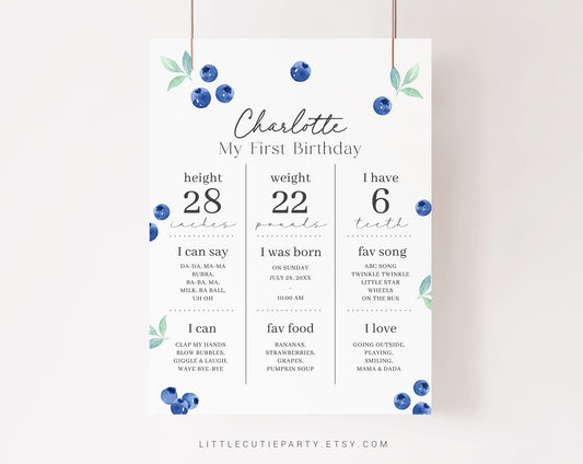 Editable Blueberry First Birthday Milestone Sign, Berry First Year Milestone Board, 1st Birthday Blueberry Milestone Poster BLUEBD001